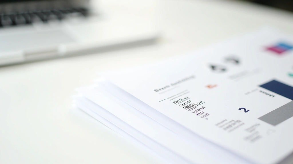 Multiple brand guideline documents spread on workspace showing typography, color codes, and logo variations