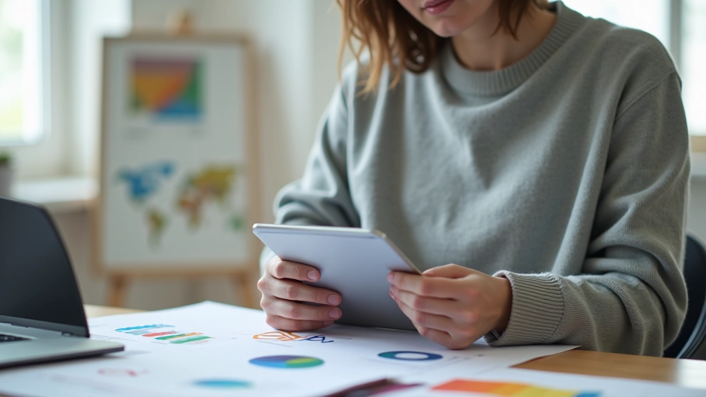 Designer reviewing brand guidelines document on tablet with color swatches and typography samples visible