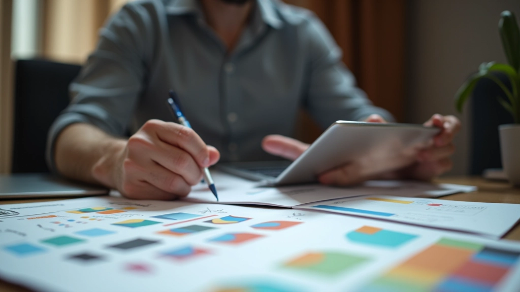 Designer reviewing brand guidelines on tablet with color palette swatches and logo sketches