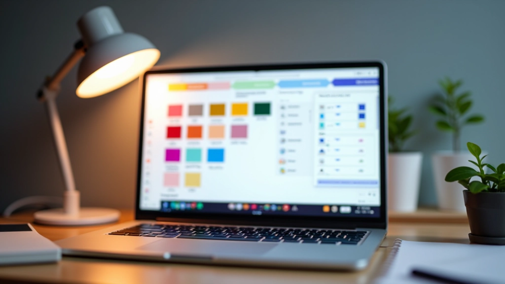 Designer applying consistent color palette across multiple website page mockups showing color codes and swatches